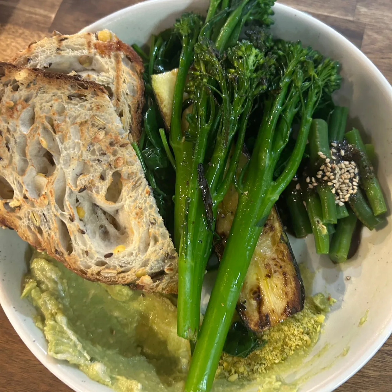 Green Breaky with broccolini, greens, smashed avocado and sourdough