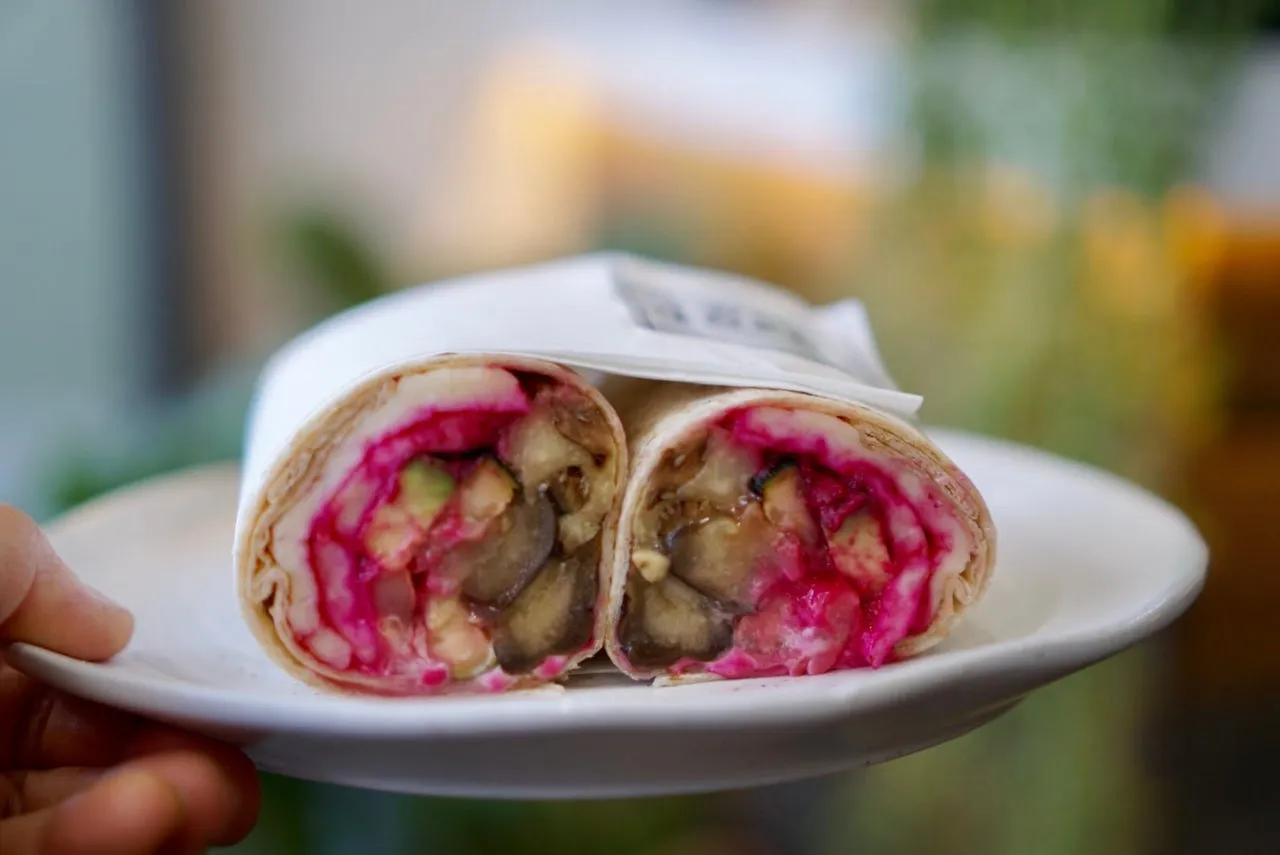 Halloumi wrap with grilled eggplant and beetroot